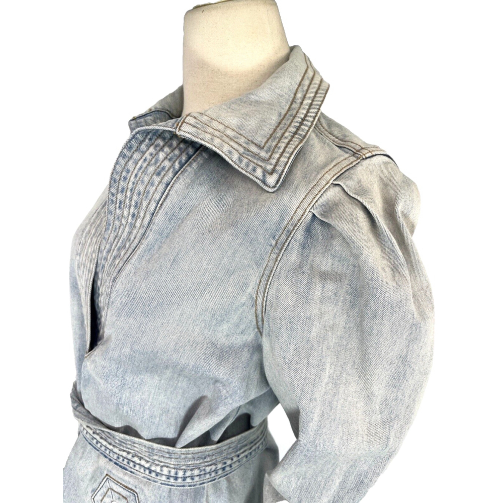 Current/Elliot Denim Jean Dress Puff Sleeve Size 1 Small Blue Light Wash Belted - Picture 12 of 14